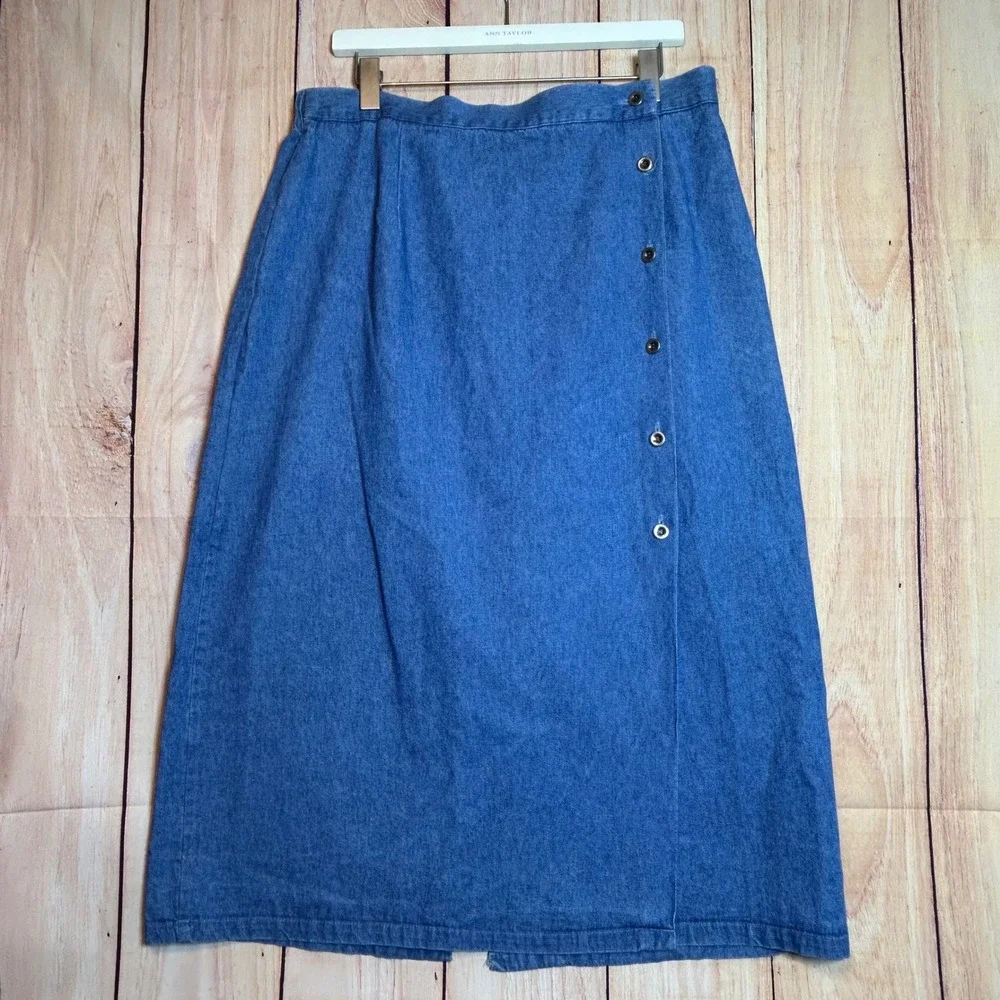 Ashley Petites Denim Midi‎ Skirt Womens 14P Blue Side Button A-Line Cottagecore
